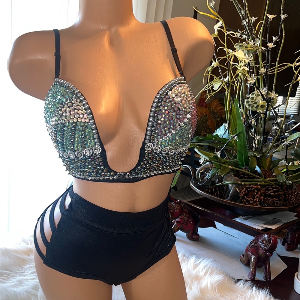 Embellished Black and Silver Women's Bra